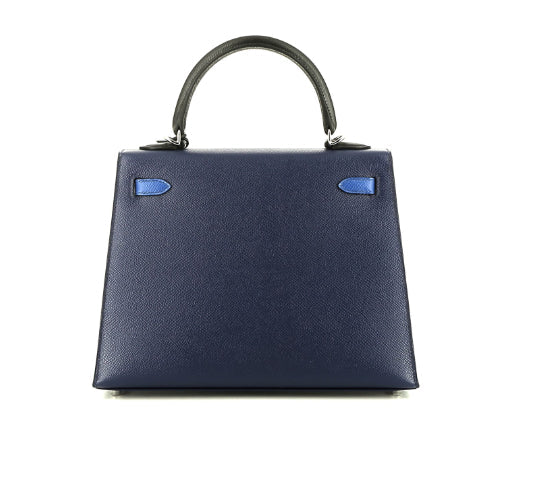 Borsa Hermès Kelly 25 cm in pelle Epsom tricolore blu scuro Bleu Atoll e nera