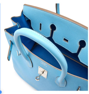 Hermès
Celeste Epsom and Bleu Mykonos Verso Candy Birkin 35 Palladium Hardware, 2011