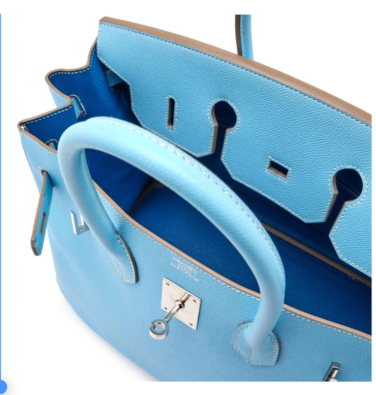 Hermès
Celeste Epsom and Bleu Mykonos Verso Candy Birkin 35 Palladium Hardware, 2011