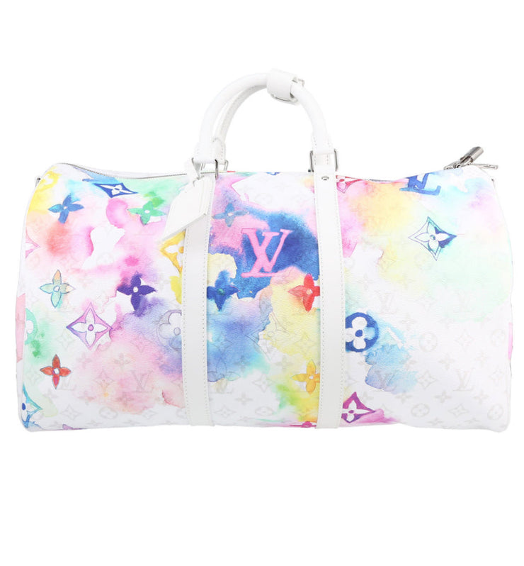 Borsa da viaggio Louis Vuitton Keepall Editions Limitées in tela monogram multicolore e pelle bianca