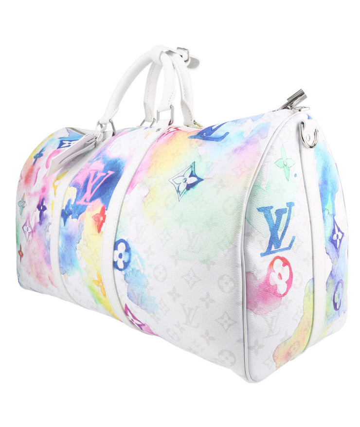 Borsa da viaggio Louis Vuitton Keepall Editions Limitées in tela monogram multicolore e pelle bianca