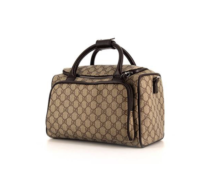 Borsa da viaggio Gucci piccola in tela monogram beige e pelle marrone