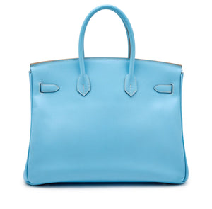 Hermès
Celeste Epsom and Bleu Mykonos Verso Candy Birkin 35 Palladium Hardware, 2011
