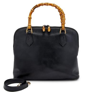 Black Pigskin Bowling Bag with Bamboo Top Handle Gold Hardware, 1980s