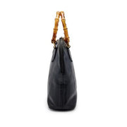 Black Pigskin Bowling Bag with Bamboo Top Handle Gold Hardware, 1980s