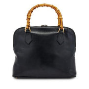 Black Pigskin Bowling Bag with Bamboo Top Handle Gold Hardware, 1980s