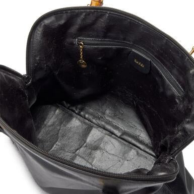 Black Pigskin Bowling Bag with Bamboo Top Handle Gold Hardware, 1980s