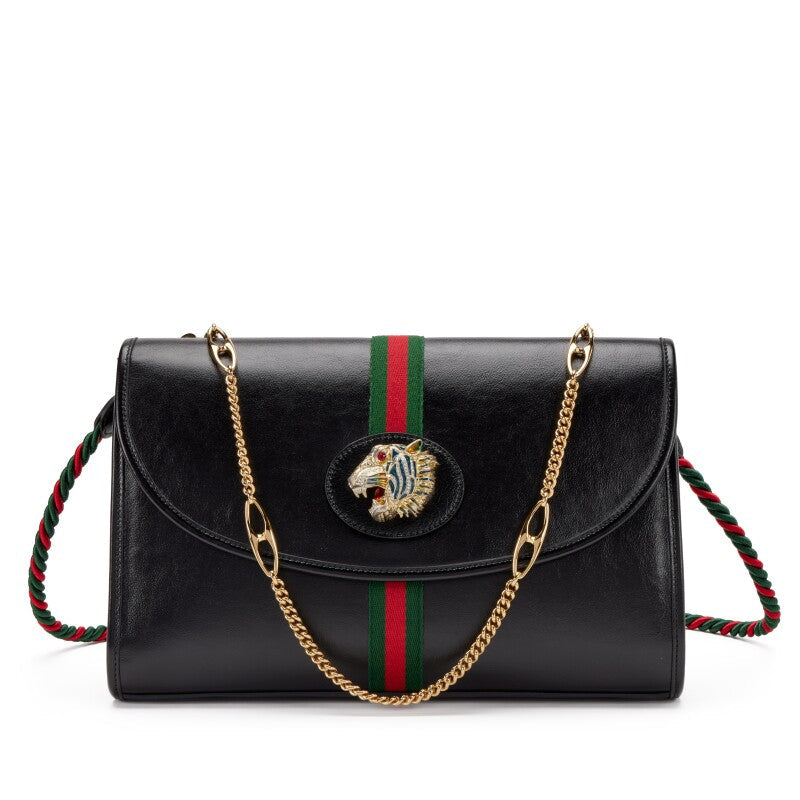 Gucci
Black Leather, Strass and Web Stripe Medium Rajah Shoulder Bag Gold Hardware
