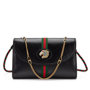 Gucci
Black Leather, Strass and Web Stripe Medium Rajah Shoulder Bag Gold Hardware