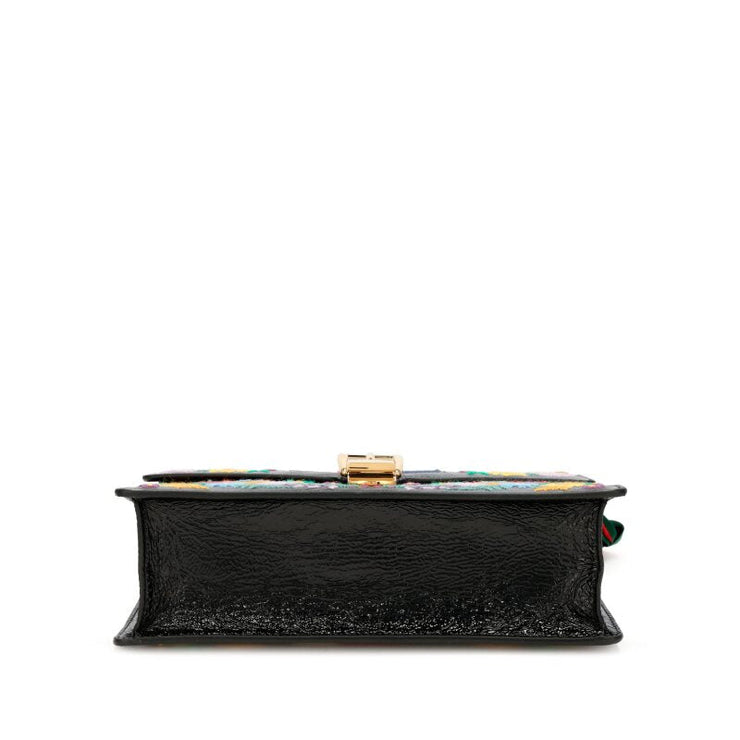 Gucci
Black and Multicolor Floral Embroidered Crinkled Patent Leather Sylvie Top Handle Gold Hardware