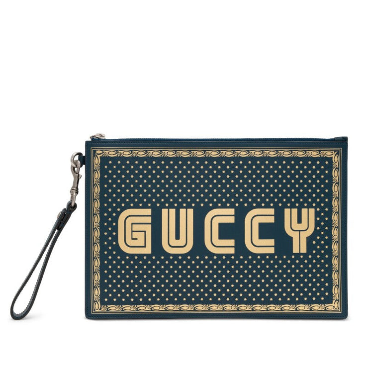 Gucci
SEGA Green and Gold Calfskin GUCCY Wristlet Pouch Silver Hardware