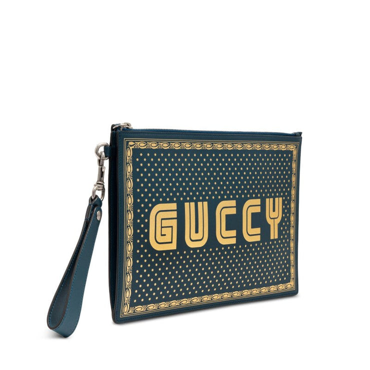 Gucci
SEGA Green and Gold Calfskin GUCCY Wristlet Pouch Silver Hardware