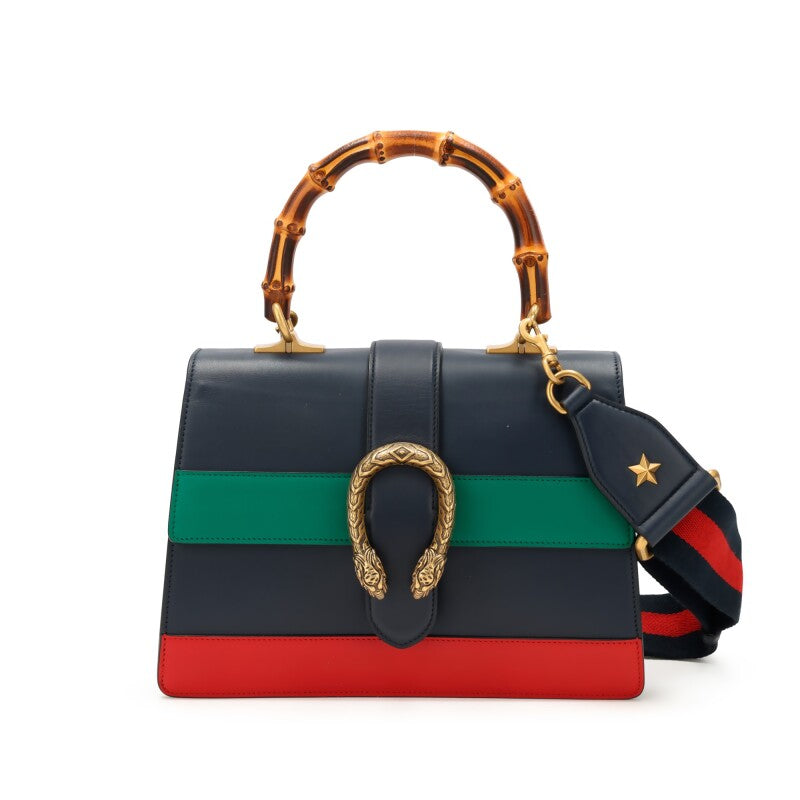 Gucci
Navy, Green, and Red Calfskin Medium Dionysus Bamboo Top Handle Bag Aged Gold Hardware