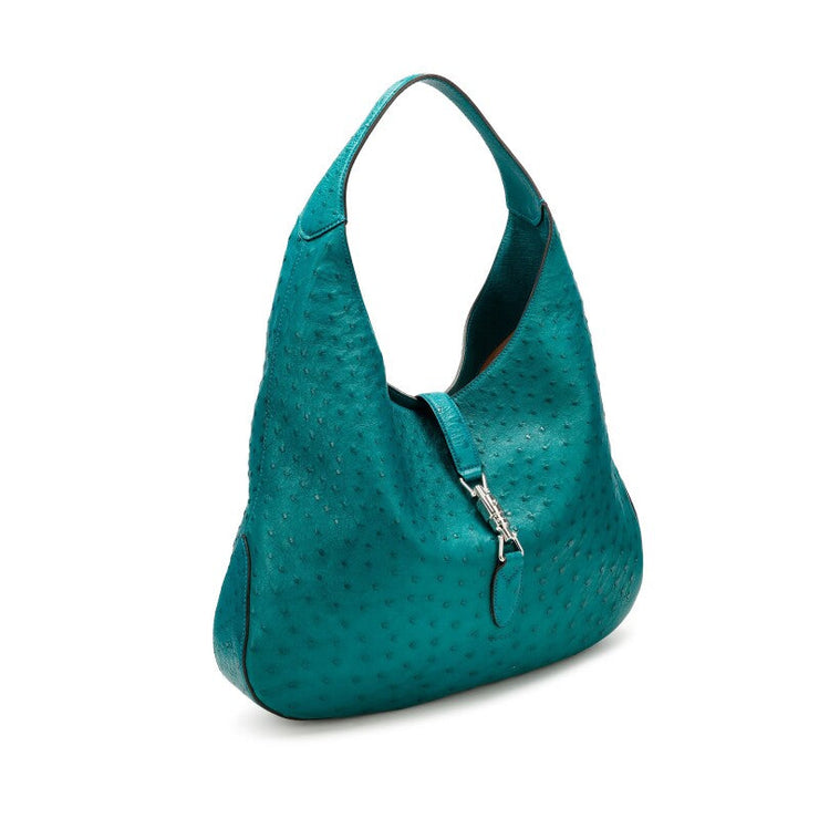 Gucci
Teal Ostrich Large Jackie Hobo Bag Silver Hardware