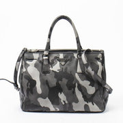 PRADA | BLACK AND GRAY CAMOUFLAGE PRINT CANVAS LIMITED EDITION SAFFIANO SOFT TOTE WITH PALLADIUM HARDWARE