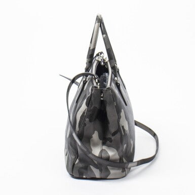 PRADA | BLACK AND GRAY CAMOUFLAGE PRINT CANVAS LIMITED EDITION SAFFIANO SOFT TOTE WITH PALLADIUM HARDWARE