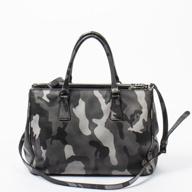 PRADA | BLACK AND GRAY CAMOUFLAGE PRINT CANVAS LIMITED EDITION SAFFIANO SOFT TOTE WITH PALLADIUM HARDWARE