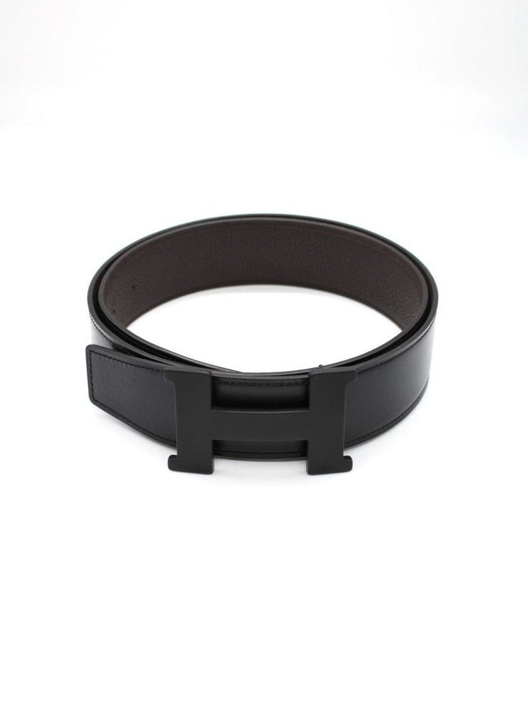 Cintura Hermes Double Pelle Nera Liscia E Pelle Testa Di Moro Martellata