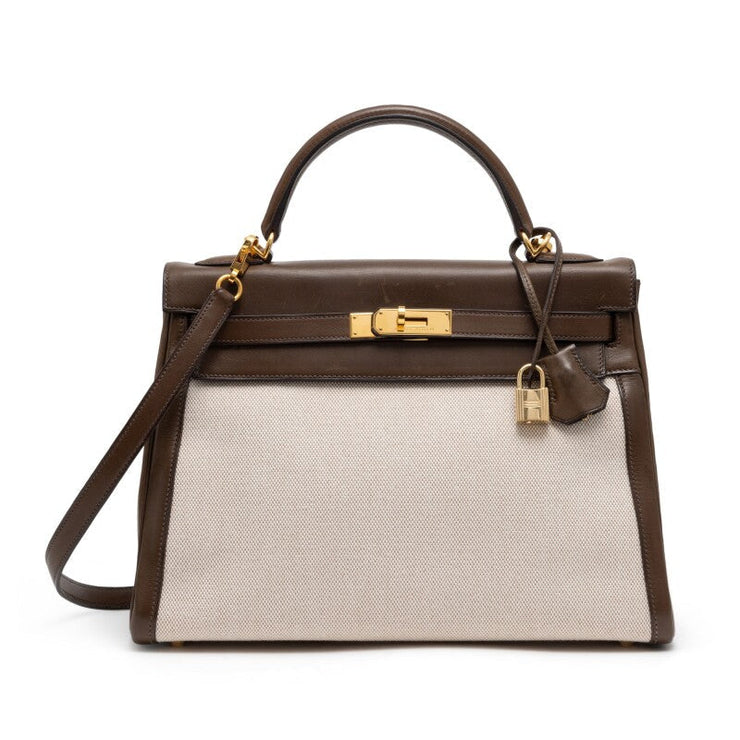 Hermès Vert Olive Barenia and Ecru Toile Retourne Kelly 32 Gold Hardware, 2002