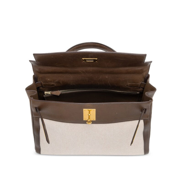 Hermès Vert Olive Barenia and Ecru Toile Retourne Kelly 32 Gold Hardware, 2002