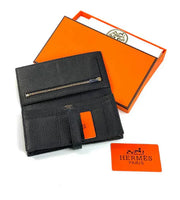 Hermès black Bearn Compact Wallet, Epsom Etoupe and Gold Hardware
